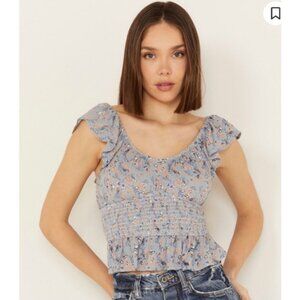 Rock & Roll Denim Floral Flutter Sleeveless Crop Top Steel Blue (M) NWT!